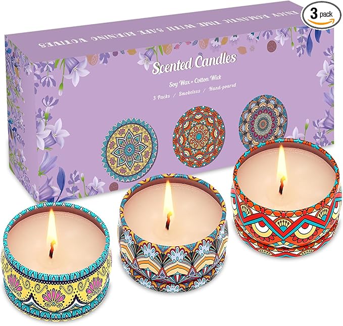 3 Pack Home Scented Candles - Strong Lavender, Bluebell & Mandarin Candle, 2.5 Oz, 100% Soy, Non-Toxic, Small Candle Set f...