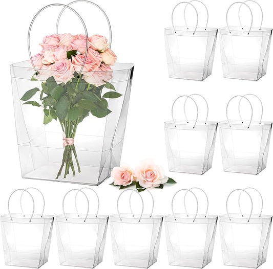 SOUJOY 10 Pack Clear Flower Bouquet Bags, Extra Large Gift Bags with Long Handles, 13''L x 8.2''W x 13.8''H Party Floral P...