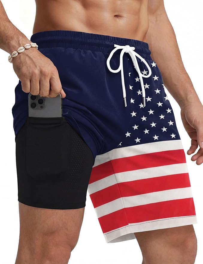 COOFANDY Mens Swim Trunks with Compression Liner Quick Dry 7 Inch Bathing Suit Beach Short with Zipper Pockets