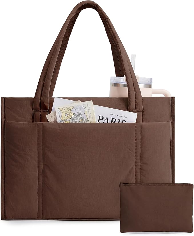 BAGSMART Tote Bag for Women, 2Pc Puffer Tote Bag Set with Zipper, Quilted Large Work Teacher Bag for Travel