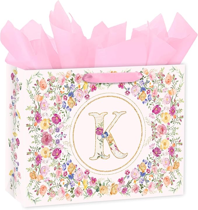 Loveinside 13" Large Floral Monogram Letter K Gift Bag, Personalized Alphabet Flower Initial Gift Bag with Tissue Paper fo...