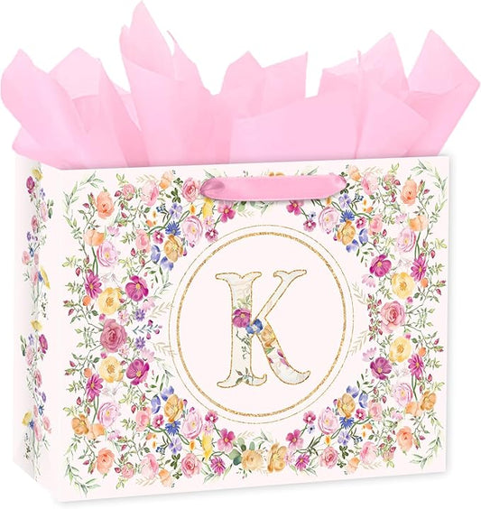 Loveinside 13" Large Floral Monogram Letter K Gift Bag, Personalized Alphabet Flower Initial Gift Bag with Tissue Paper fo...