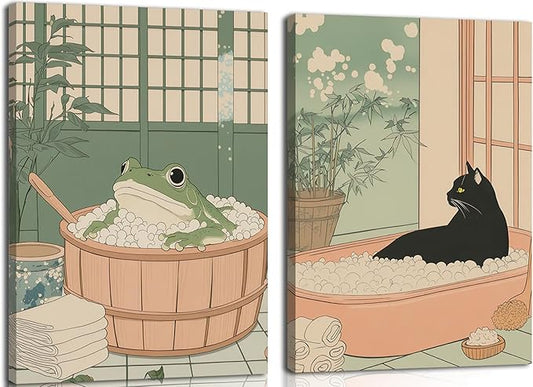 Japanese Bathroom Wall Art Funny Black Cat and Frog in Bathtub Wall Decor Paintings Vintage Cute Animal Canvas Prints Aest...