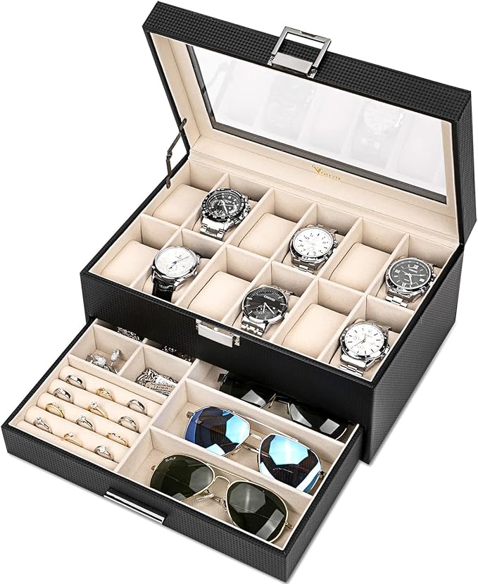 Voova Jewelry Box Organizer for Men Women, 2 Layer Large 12 Slot PU Leather Watch Storage Case, Glass Top Jewelry Display ...