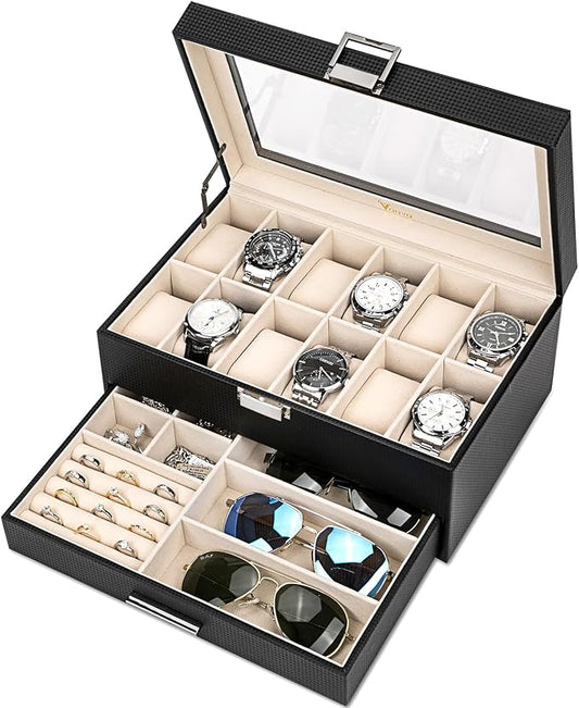Voova Jewelry Box Organizer for Men Women, 2 Layer Large 12 Slot PU Leather Watch Storage Case, Glass Top Jewelry Display ...