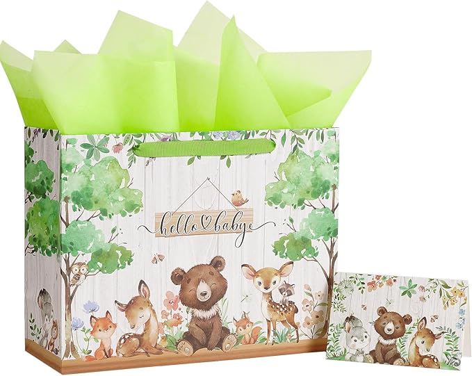 Loveinside Hello Baby Gift Bag for Newborn Baby Boy Girl, Cute Bear Deer Woodland Animal Design, Medium Size Bag with Tiss...