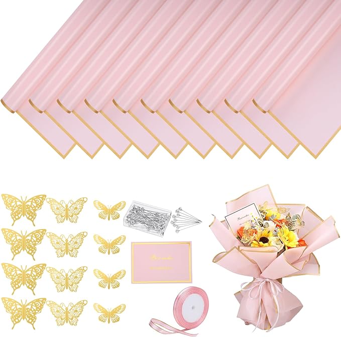 woric 93 Pcs Flower Bouquet Wrapping Paper Kits, 20 Sheets Waterproof Floral Wrapping Paper 10 Greeting Cards 12 Butterfly...