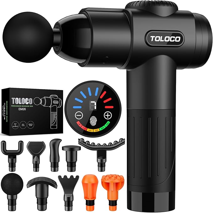 TOLOCO Massage Gun, Deep Tissue Back Massage for Athletes for Pain Relief, Percussion Massager with 10 Massages Heads & Si...