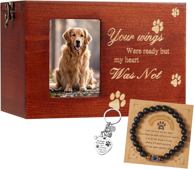 QMoveltyF Pet Urns for Dog or Cat Ashes Sets Pet Cremation Urns Medium Wooden Keepsake Memory Box with Photo Frame with Bl...