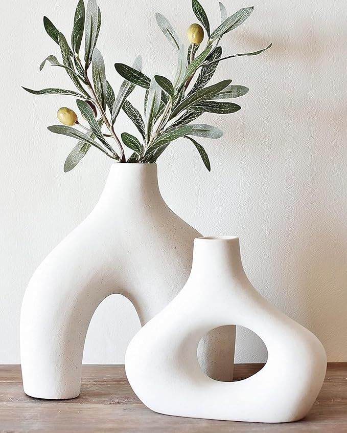 Carrot's Den Donut Vase, Set of 2 - White Large Ceramic Vase - Minimalist Nordic, Hollow | Table Centerpiece, Olive Plant,...
