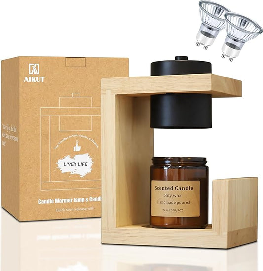 AIKUT Candle Warmer Lamp, with 2 Bulbs,Timer & Dimmer,Simple Natural Wood,Compatible Up to 4.5 inch Candles,for Home Scent...