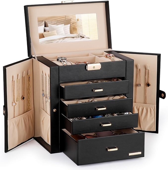 Homde Synthetic Leather Huge Jewelry Box Mirrored Watch Organizer Necklace Ring Earring Storage Lockable Gift Case (Black...