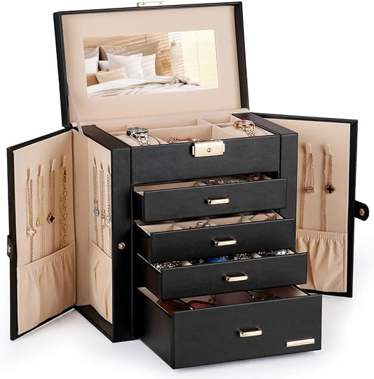 Homde Synthetic Leather Huge Jewelry Box Mirrored Watch Organizer Necklace Ring Earring Storage Lockable Gift Case (Black...