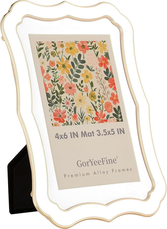 GorYeeFine High End Zinc Alloy 4x6'' White Photo Frame,Classic Vintage Scalloped Design with Enamel Finish & 3.5x5'' Premi...