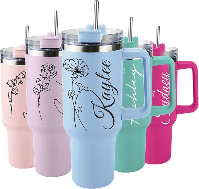 Elemtansy Personalized 40 Oz Tumbler with Handle and Straw, Custom Cup with Name & Birth Flower, Stainless Steel Travel Co...