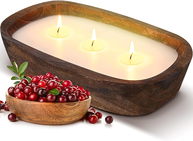Threlaco 1 Pack 10 Inch Wood Dough Bowl Candles Home Rustic Dough Bowl Soy Candle 3 Wick Scented Candles Gifts for Men Wom...
