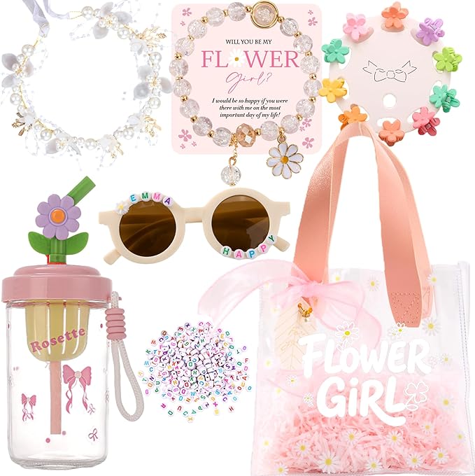 Flower Girl Proposal Gift Set - Will You Be My Flower Girl Card with Bracelet, Sunglasses, Headpiece, Hair Accessories & C...