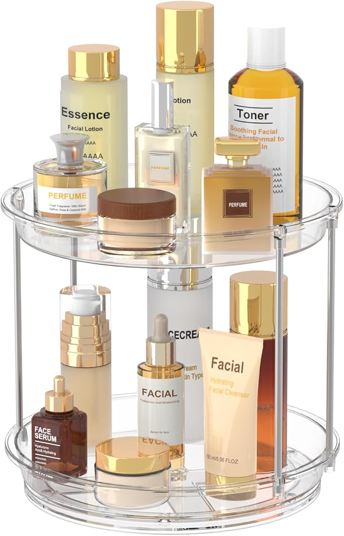 360 Rotating Makeup Organizer – 2 Tier Lazy Susan Turntable Organizer, Clear Bathroom Counter Organizer for Vanity, Spinni...