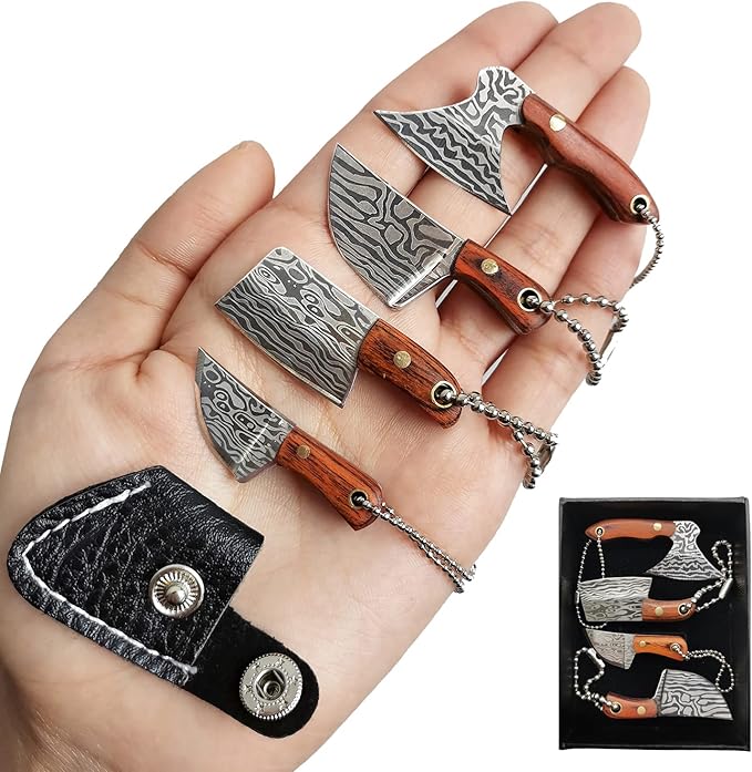 STARDW Damascus Pocket Knife Set, EDC Knife with Sheath,Mini Chef Keychain Knife Set, Tiny Things for Box Cutter Letter Op...