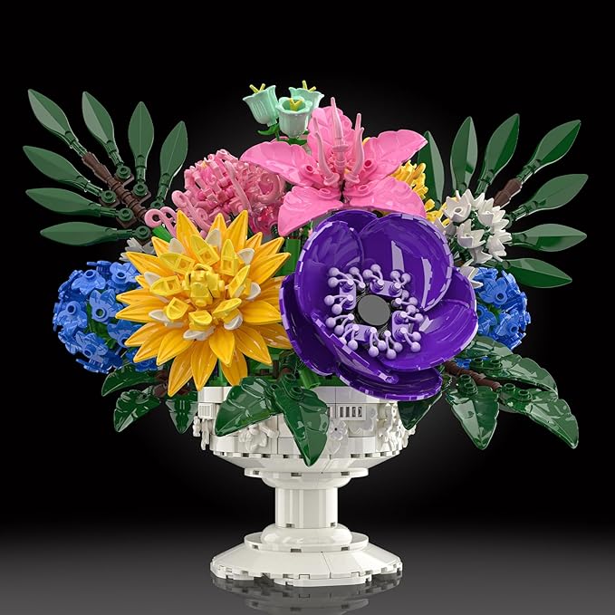 Cogibrix Botanicals Flower Bouquet Building Set - Includes Hydrangeas, Snapdragons, Peonies & More, Artificial Flower Arra...
