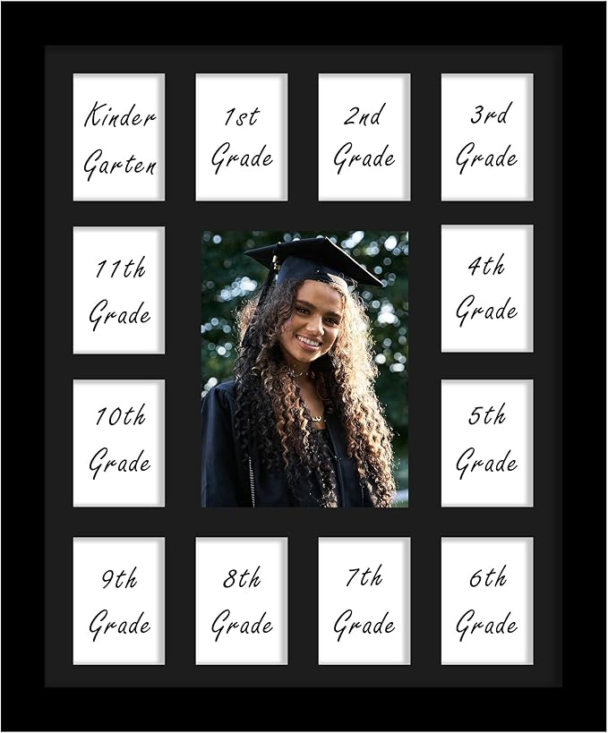 DUENPY 12x16 School Year Picture Frame K-12 Displays One 5x7 Photo and Twelve 2.5x3.5 Pictures Graduation Photo Collage Wa...