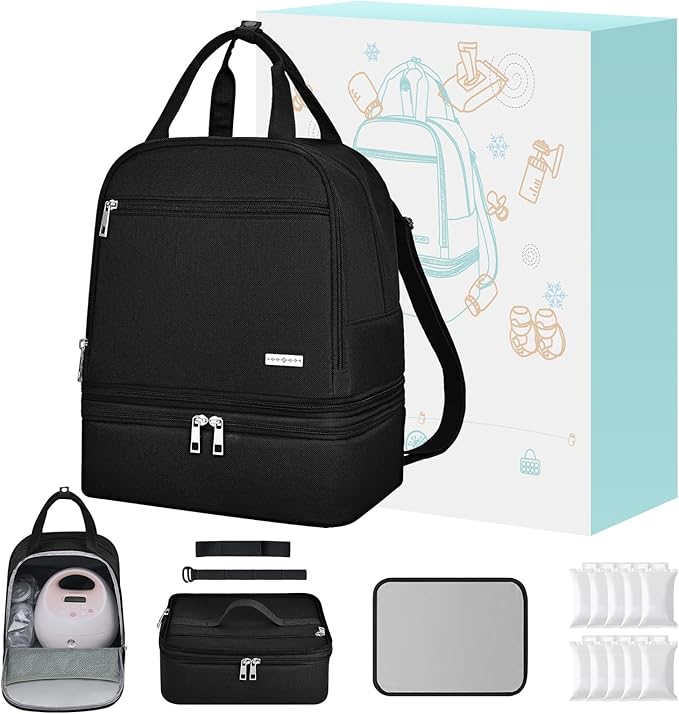 Breast Pump Bag with Insulated Cooler, Double-Layer Pumping Bag for Work & Travel, Fits Most Electric Breast Pumps, Includ...