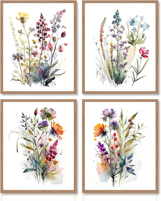 Dazzlewall 4 pcs Watercolour Wall Art Print, Colourful Floral Botanical Artwork Print, Minimalist Wall Decor for Bedroom L...