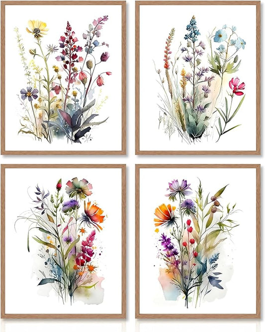 Dazzlewall 4 pcs Watercolour Wall Art Print, Colourful Floral Botanical Artwork Print, Minimalist Wall Decor for Bedroom L...