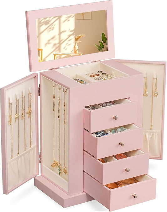 Emfogo Jewelry Boxes for Women, 5-Layer Large Leather Jewelry Organizer Box with Mirror and Drawers, Jewelry Storage for N...