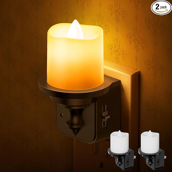 Briignite Flameless Candle Night Lights, Amber Plug-in 2 Pack, LED Candle with Light Sensor, 0-100LM Dimmable, Kids Hallwa...