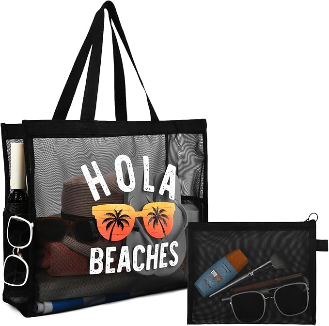 KUIRAN 30L Large Beach Bag with Pouch Foldable Sandproof Lightweight Mesh Tote Bag with Two Pockets for Swimming Travel