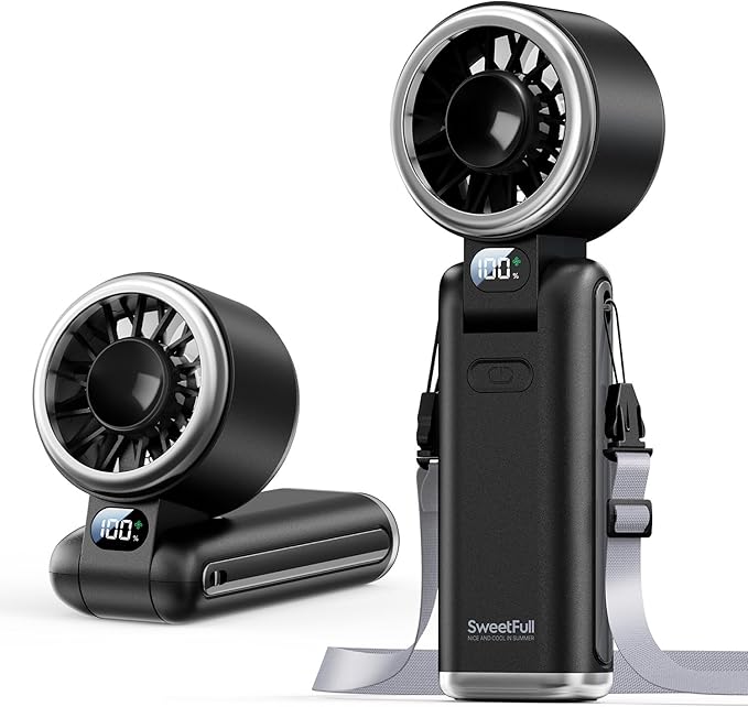 SWEETFULL Portable Handheld Turbo Fan - Portable Fans Rechargeable, 5000mAh, 180° Adjustable, 5 Speed Wind, Digital Displa...