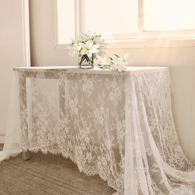 B-COOL White Lace Tablecloth 60 X120 Inches Rectangle Vintage Embroidered Bridal Wedding Tablecloths Sheer Overlay for Rus...