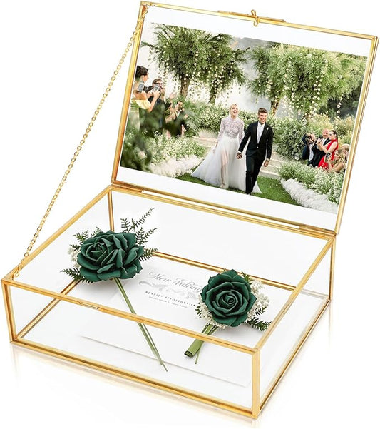 Himitimi Memory Keepsake Box with Hinged Lids and Photo Frame Vintage Glass Keepsake Decorative Storage Box for Picture, L...