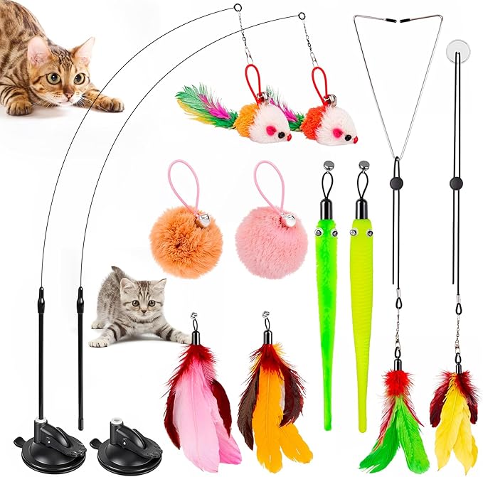 HOSFROLL Cat Toys, 2 Pack 3 in 1 Interactive Cat Toy for Indoor Cats with Sticky Super Suction Cup Detachable 10 Pcs Repla...