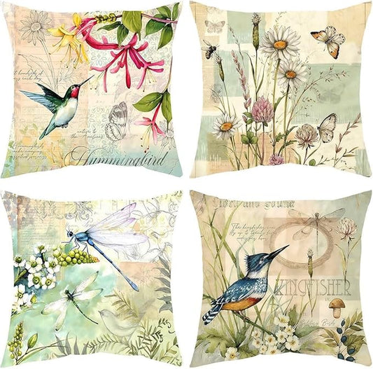 Hopomoon Throw Pillow Covers 18x18 Set of 4 Spring Summer Vintage Hummingbird Dragonfly Floral Rustic Garden Theme White L...