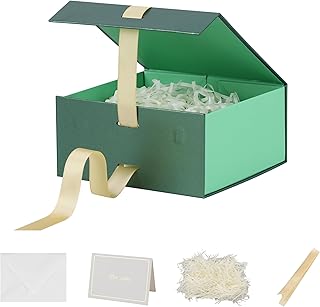 BoxSkivra Green Gift Box with Ribbon 1 Pack 6X6X3 Inch Small Gift Box with Lid Magnetic Closure Rectangle Collapsible Luxu...