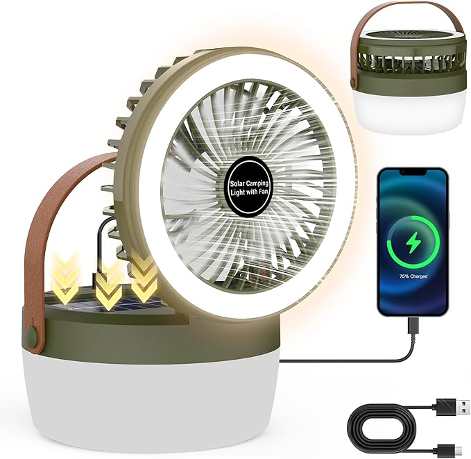 EJYTRVT Solar Camping Fan with LED Light – Rechargeable Portable Fan with 3 Speeds, 4 Lighting Modes, USB & Solar Powered,...