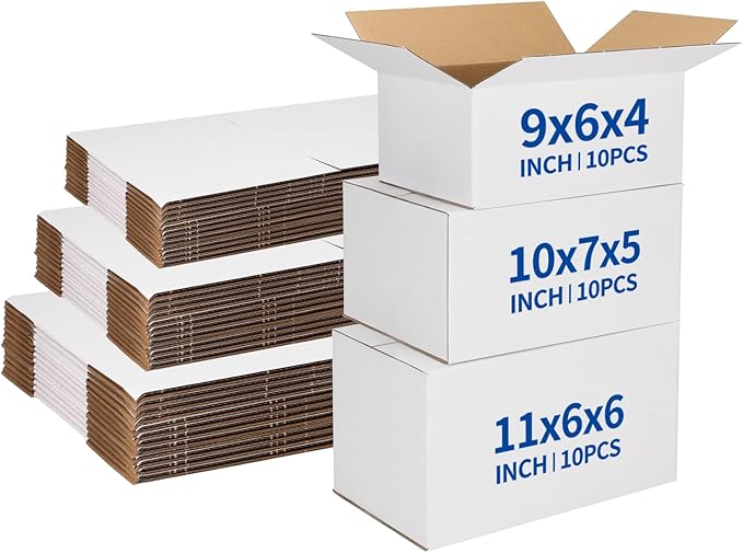 CRUGLA Assorted Sizes Shipping Boxes 30 Pack (11x6x6, 10x7x5, 9x6x4), White Corrugated Cardboard Mailers, Each 10 PCS Smal...
