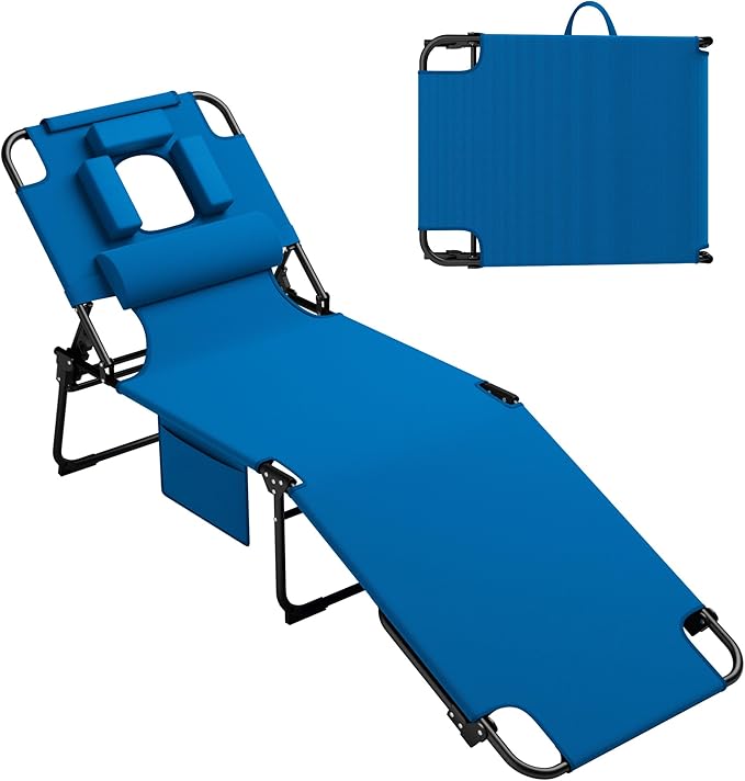 Candockway 400lbs Tanning Chair, 5-Fold Beach Lounge Chair with Face Hole & 2 Side Pockets, Non-Slip Foot & Portable Handl...