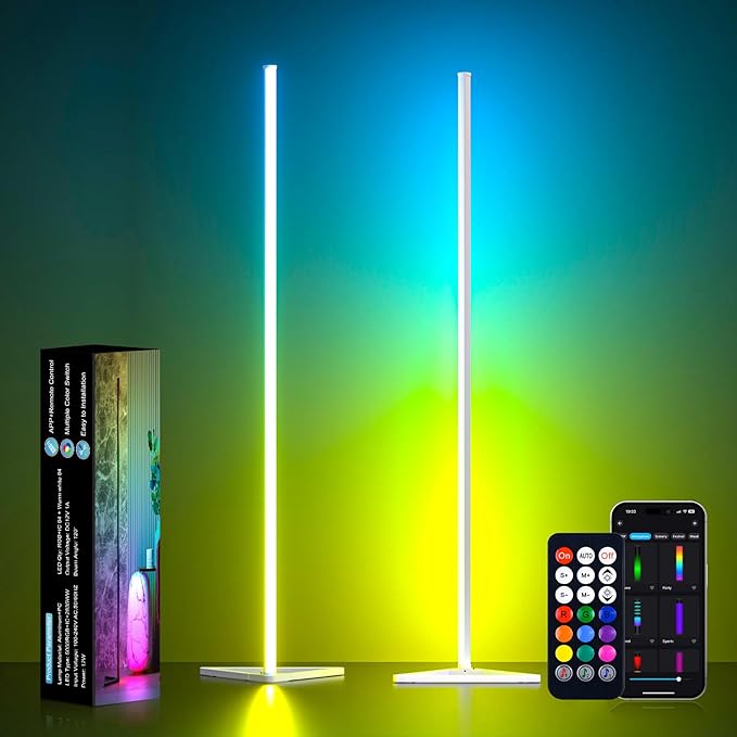 MIHEAL 2PCS Corner Floor Lamp, Synced Lights LED Control Floor Lamp RGB Light 56" Smart LED Corner Lamp App and Remote for...