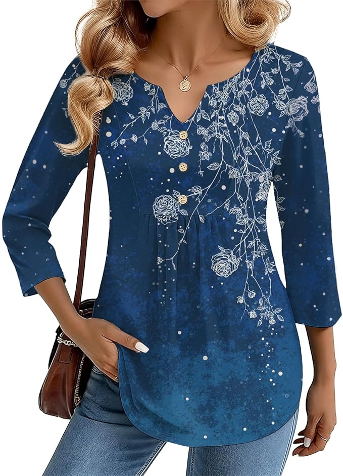 YABTF Womens Boho Floral Tunic Tops V Neck Button 3/4 Sleeve T Shirts for Women Casual Drssy Spring Summer Graphic Blouses
