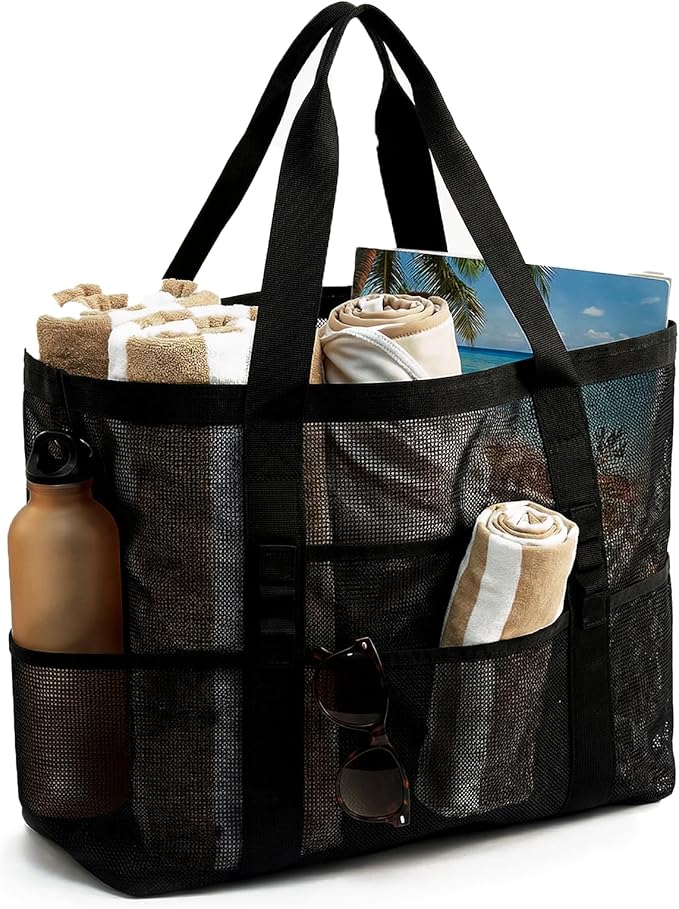 JOYPICKS Mesh Beach Bag-Large Beach Tote for Women Family with Zipper Pocket Toys & Vacation Essentials