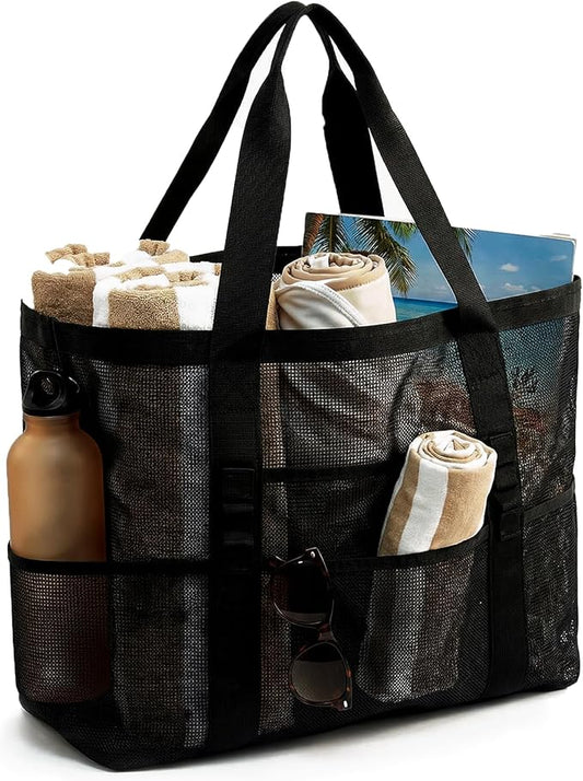 JOYPICKS Mesh Beach Bag-Large Beach Tote for Women Family with Zipper Pocket Toys & Vacation Essentials