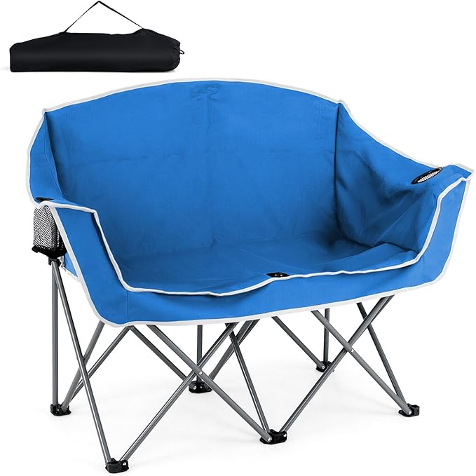 COSTWAY Double Camping Chair for 2, Oversized Folding Loveseat with Armrests, Dual Cup Holders & Carry Bag – Heavy-Duty Po...