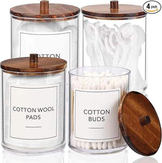 4 Pack Qtip Holder Dispenser with Wood Lids - 10 oz Clear Plastic Apothecary Jar Containers for Vanity Makeup Organizer St...