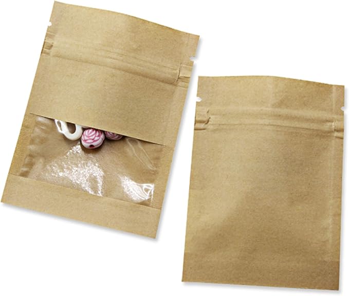 PABCK 100 Pack (Inner Size 2.36x2.36inch) Clear Window Airtight Seed Packets Brown Kraft Paper Envelopes for Zip Food Stor...