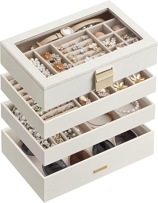 SONGMICS Stackable Jewelry Trays, 4-Tier Jewelry Box, Drawer Jewelry Organizer, with Glass Lid, Removable Dividers, for Va...