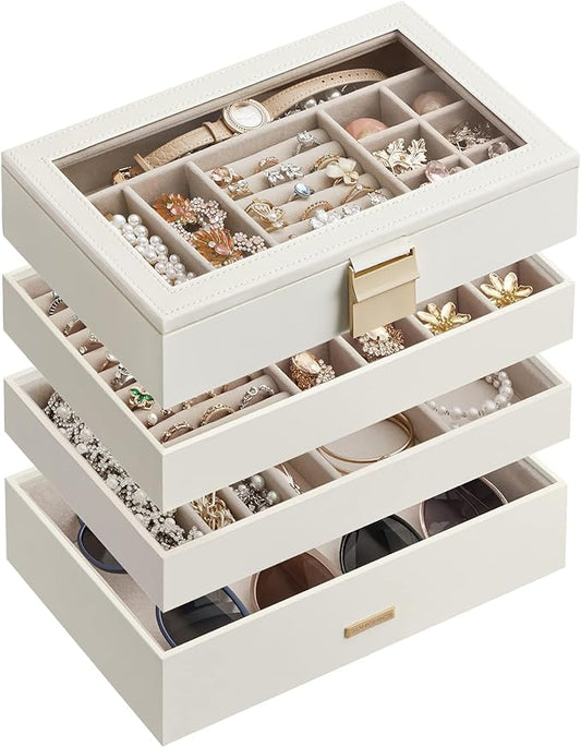 SONGMICS Stackable Jewelry Trays, 4-Tier Jewelry Box, Drawer Jewelry Organizer, with Glass Lid, Removable Dividers, for Va...