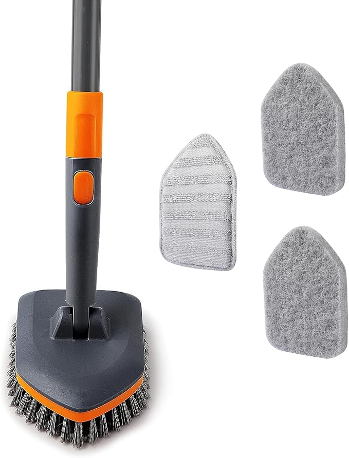 CLEANHOME Tile Tub Scrubber Brush with 3 Different Function Cleaning Heads and 56" Extendable Long Handle-No Scratch Showe...